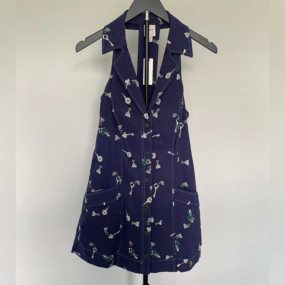 Maeve Anthropologie Key Print Halter Dress Navy Button Front Mini Dress NWT S